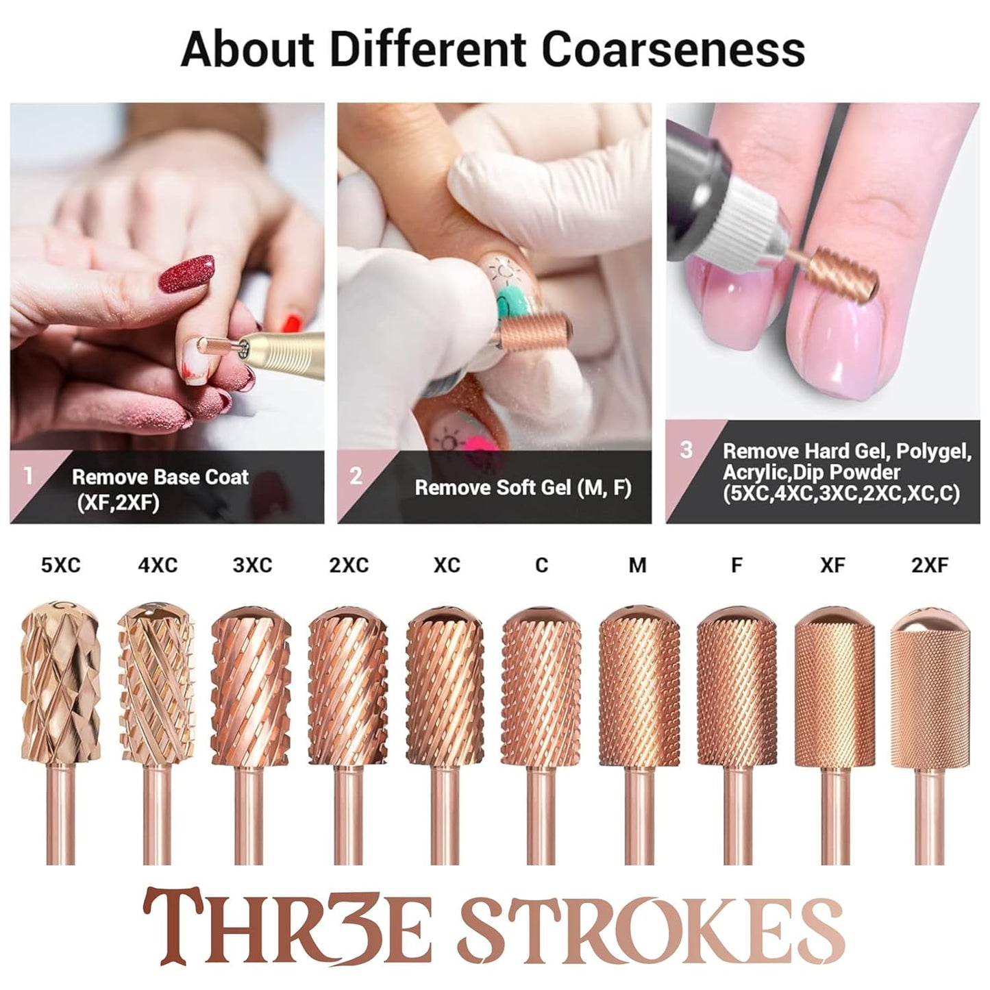 GV67 THR3E STROKES Nail Drill Bits, 3/32'' Smooth Round Top Large Barrel Carbide Bits, Suitable for Manicure Pedicure Cuticle Gel Polishing, Beginners Bits, Rose Gold, Series Bit (Extra Fine-XF, ROSE GOLD)