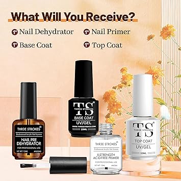 NP14 THR3E STROKES Nail Dehydrator and Primer with Gel Base & Top Coat Set, Acid Free Acrylic Nail Supplies Primer Glossy Gel Nail Polish Top Coat Starter Kit (MACHINES SE SIKHENGI)(UV LAMP REQUIRED) 15ML X 4