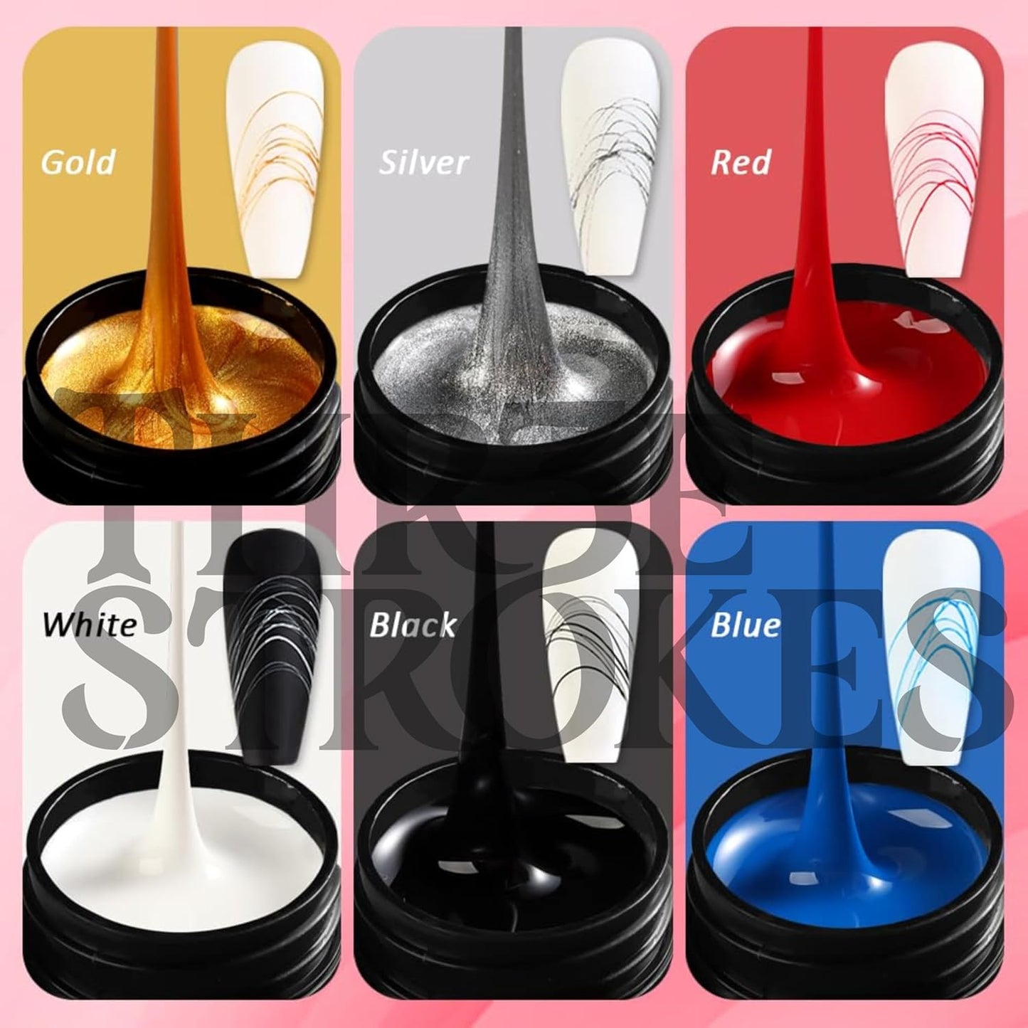 NP54 THR3E STROKES Spider Gel Set, Elastic Drawing Spider Gel with Nail Art Brush, 6 Classic Colors (Black, White, Gold, Silver, Red, Blue), DIY Nail Art, Long Lasting, UV/LED Cured