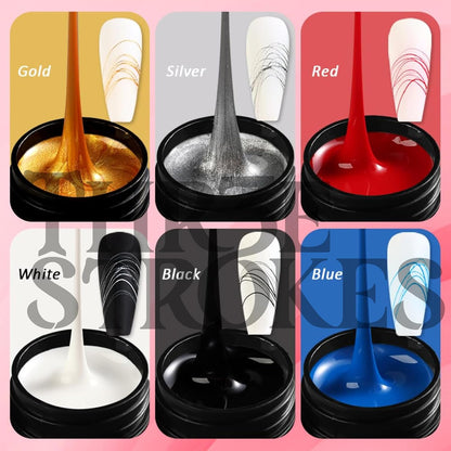 NP54 THR3E STROKES Spider Gel Set, Elastic Drawing Spider Gel with Nail Art Brush, 6 Classic Colors (Black, White, Gold, Silver, Red, Blue), DIY Nail Art, Long Lasting, UV/LED Cured