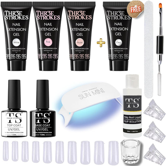 NP61 THR3E STROKES Poly Nail Gel Extension Kit for Builder Gel UV Nail Art Kit Nail Extension Set 15 ML EACH (Pink, Clear, White, Nude ) (GEMZ KIT)