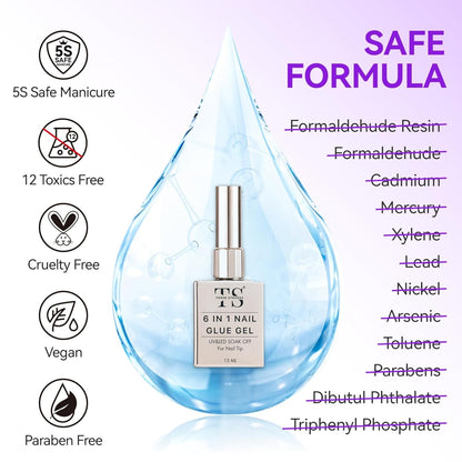 GV14 THR3E STROKES Gel Nail Glue UV - 6 in 1 Gel Glue for Nail Tips Need UV Light, Strong Adhesive for Press on Nails Acrylic Tips (UV MACHINE REQUIRED)(THICK FORMULA)
