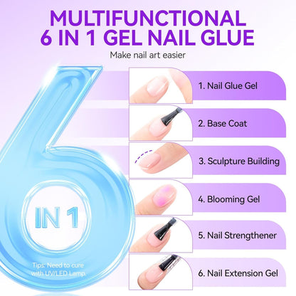 GV14 THR3E STROKES Gel Nail Glue UV - 6 in 1 Gel Glue for Nail Tips Need UV Light, Strong Adhesive for Press on Nails Acrylic Tips (UV MACHINE REQUIRED)(THICK FORMULA)