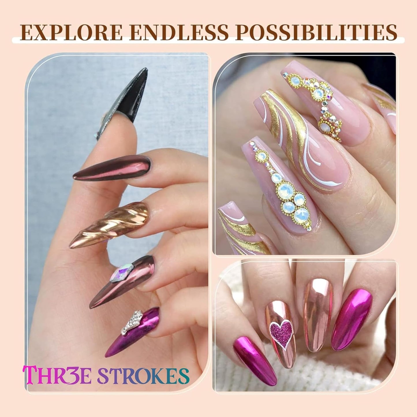 GV58 THR3E STROKES Chrome Nail Powder Metallic Mirror Glitter Effect Pigment Iridescent Aurora Mermaid Pearl Dust Kit for Gel Polish Nail Art Decoration, Resin Craft Arylic Powder (6) (Each 0.5gm)