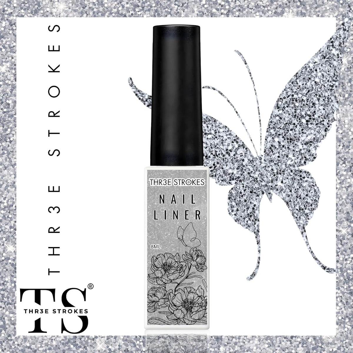 GV19 THR3E STROKES Gel Liner Nail Art Silver Glitter Design Gel Nail Polish 1 Bottle 8ml Soak off UV LED Curing Requires Build in Thin Brush Striper Gel Polish for Home Salon Diy Nail Manicure Painting Decoration (SILVER)