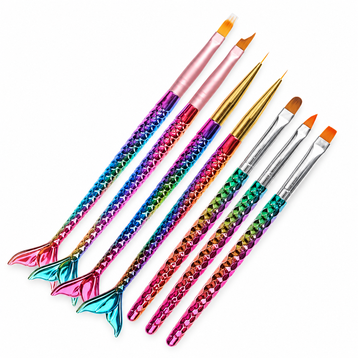 NP164 7 Pcs Mermaid Nail Art Brush Set - Metallic Scale Handle Painting & Detail Brushes, Fine Liner, Gel & Acrylic Application Painting Pens for DIY Manicure