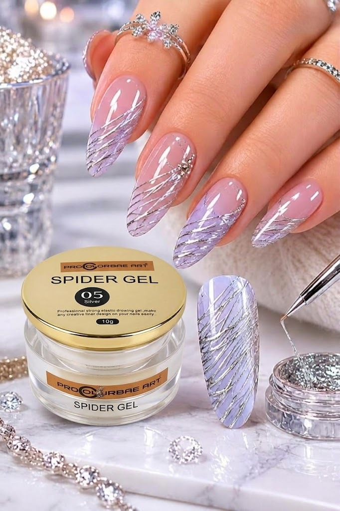 NP350 Pro Colorbae Art Spider Gel (10g, Shade 05 Silver) - Professional Strong Elastic Drawing Gel for Metallic Line Art & Geometric Nail Designs