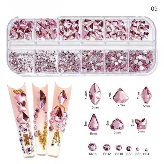 Pink Rhinestone & Crystal Nail Art Kit | Multi-Shape Flatback Gems Box