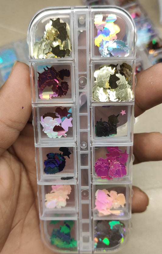 GV805 12-Color Holographic Bunny Shape Nail Art Sequins Box – Reflective Metallic Glitter Shapes