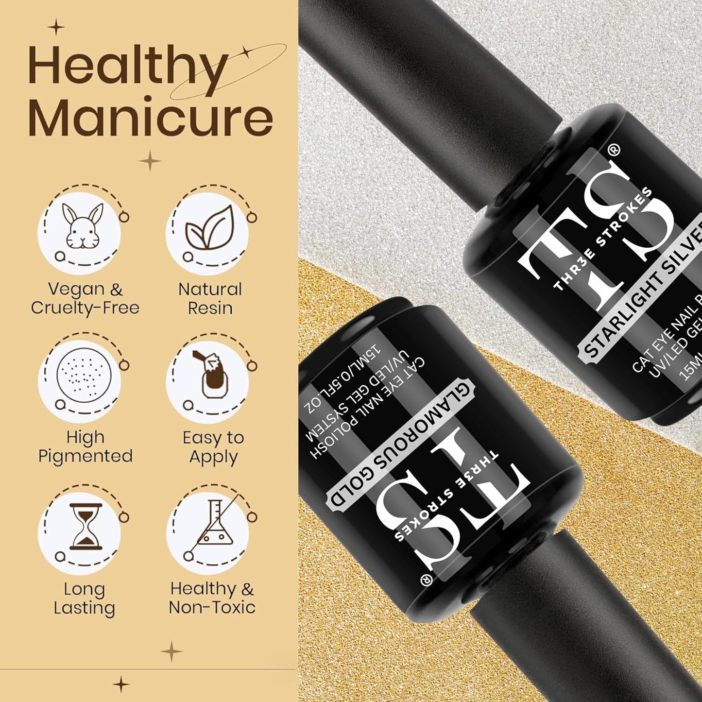 NP43 THR3E STROKES Silver and Gold Smoothie Cat Magnetic Gel Polish - 9D Cateye With Magnet Stick for Salon Manicure and Nail Art DIY at Home - 30 ML