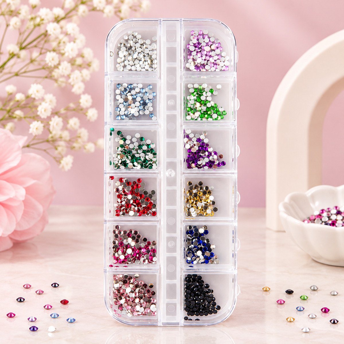 GV1220 12-Grid Multicolor Round Flatback Nail Art Rhinestones Kit - Clear Storage Box with Crystal Clear, Purple, Emerald Green, Ruby Red, Sapphire Blue & Jet Black Glass Gems for Acrylic, Gel Nails & DIY Crafts