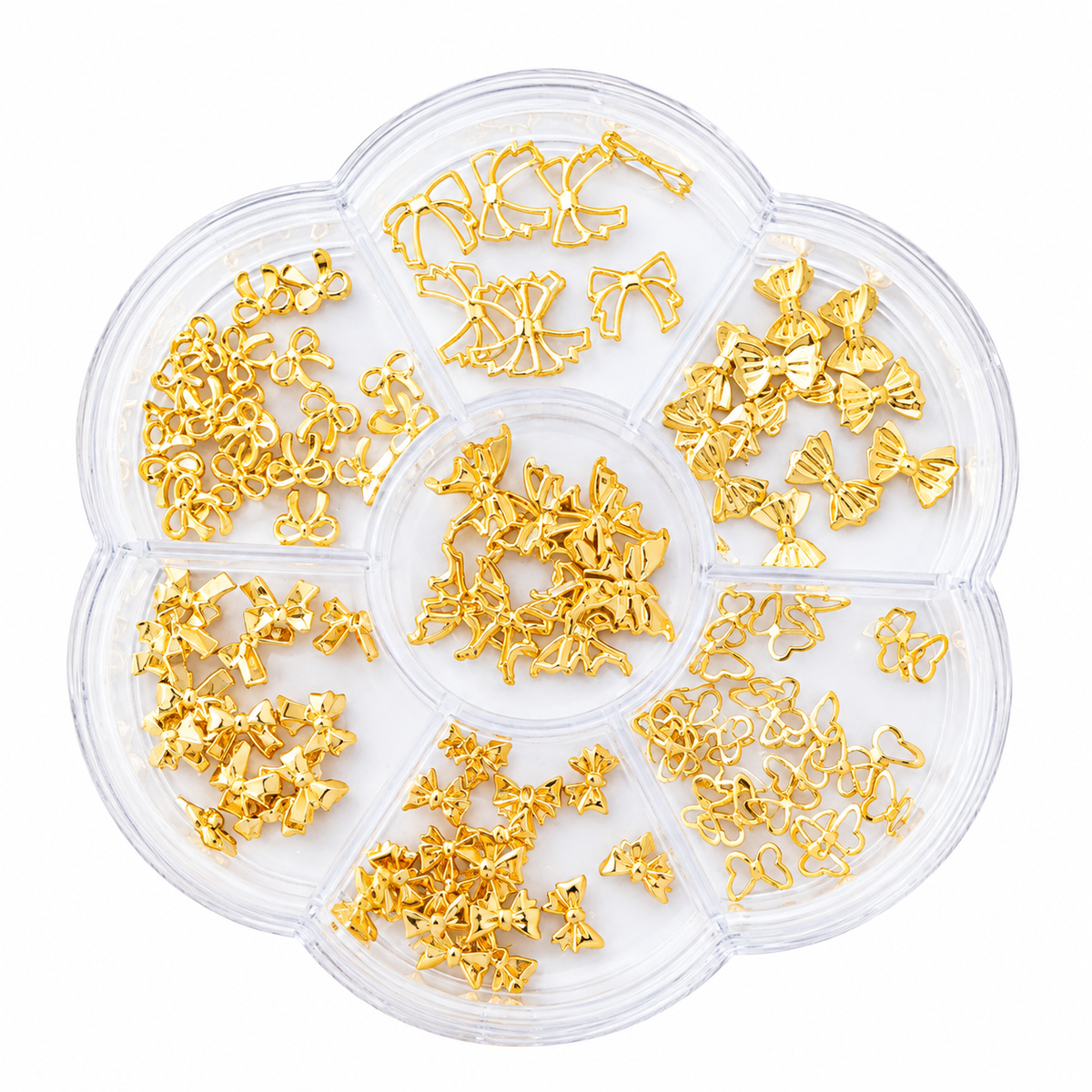 GV1216 3D Gold Alloy Bowknot Nail Charms Set - 7-Grid Flower Storage Case with Ribbon Bows, Fan-Pleated Bows, Wire-Frame Loops & Beaded Bows for Gel, Acrylic Nails & DIY Art