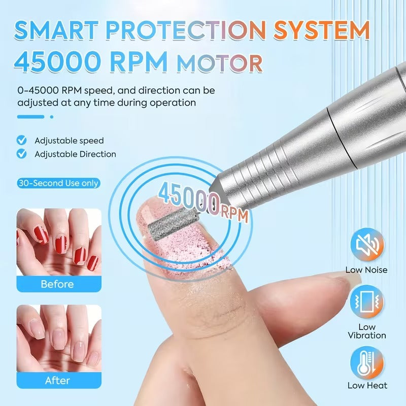 GV1100 45000RPM Portable Rechargeable Nail Drill Machine with LCD Display – Professional Electric Nail File Kit with USB Type-C Charging, Nail Bits & Sanding Bands