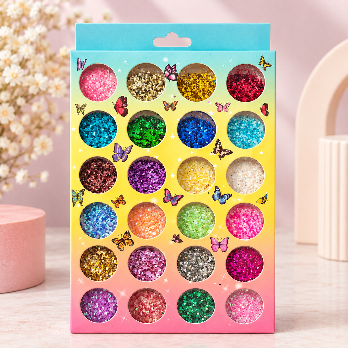 GV1218 24-Color Nail Art Glitter Sequins Set - 24-Grid Display Box with Chunky Hexagonal Glitter, Fine Shimmer Dust & Holographic Flakes for Acrylic, Gel Nails & DIY Crafts