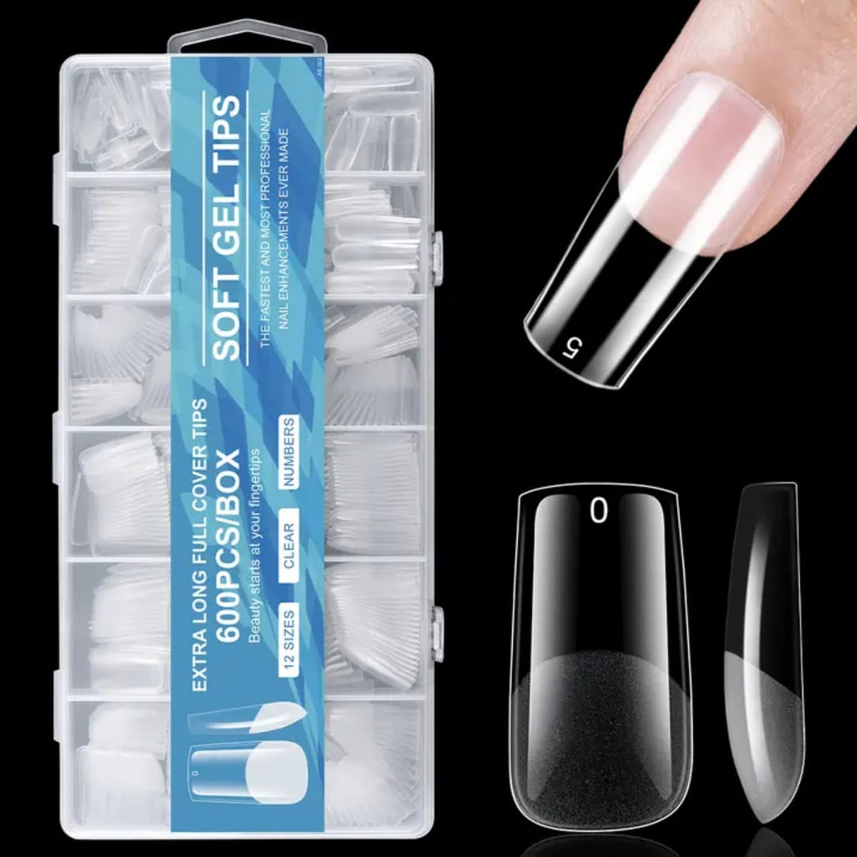 GV914 600pcs Soft Gel Nail Tips – Extra Long Full Cover Clear Nail Extensions, Pre-Shaped False Nails for Gel/Polygel/Acrylic (12 Sizes Box)