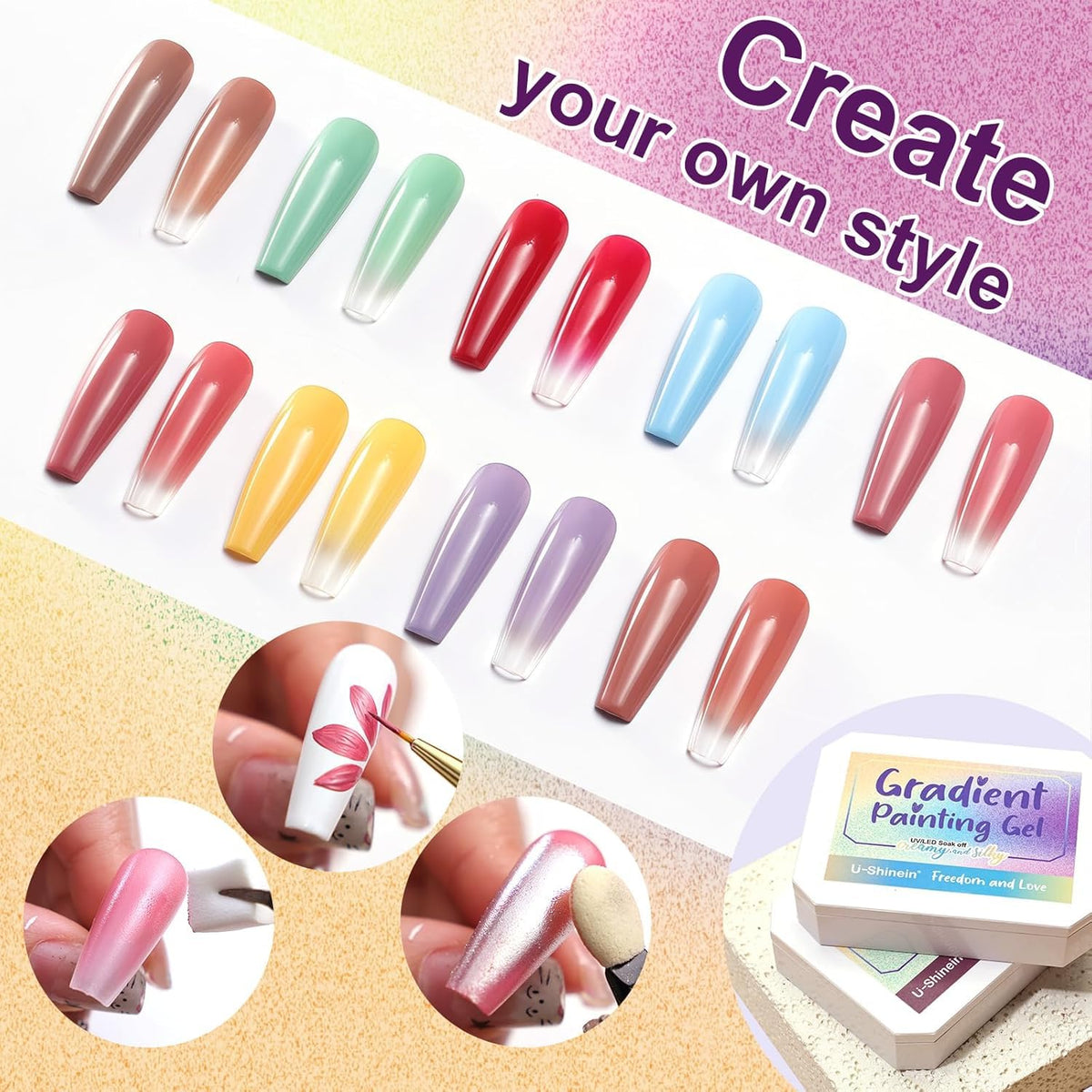 GV903 THR3E STROKES Ombre Gel Nail Polish with Nail Art Sponges for Pat Gel Ombre Color Palette Blush Effect Pat Painting Gradient Blooming Gels 9colors for Ombre Nails Multistyle French Manicure DIY