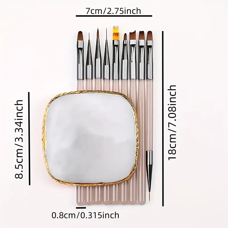 GV762 10pcs Nail Art Tool Set – Japanese Marble Resin Mixing Palette, Nail Brush Holder & Manicure Accessorie
