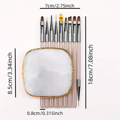 GV762 10pcs Nail Art Tool Set – Japanese Marble Resin Mixing Palette, Nail Brush Holder & Manicure Accessorie