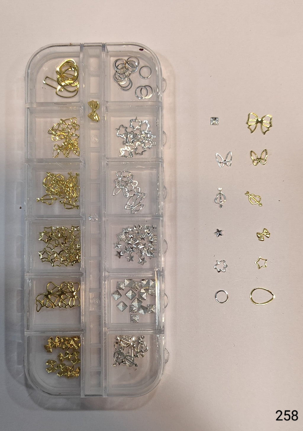GV651 Gold and Silver Metal Nail Art Charms Assortment Kit - 12-Section Organizer with Stars, Bows, Butterflies, Hearts & More (Set 258 , Design May Vary)