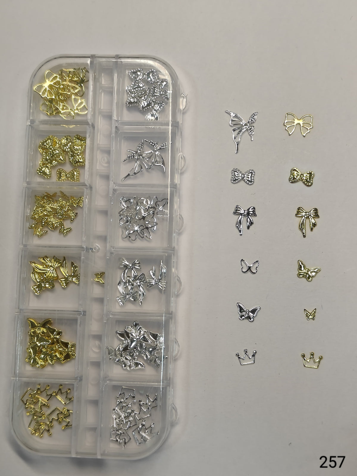 GV636 Gold & Silver Nail Charms Set – Butterfly, Bow & Crown Designs (Set 257 , Design May Vary)
