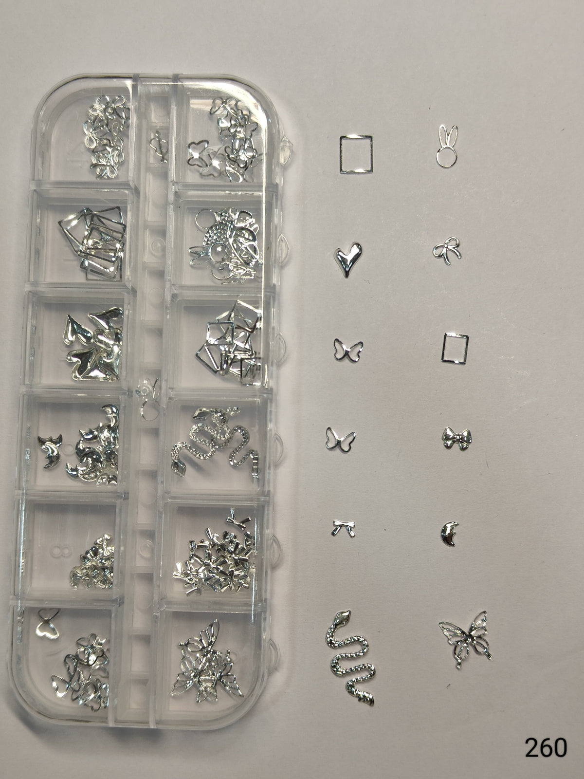 GV637 Silver Nail Charms Set – Butterfly, Snake, Heart, Moon & Bow Designs (Set 260 , Design May Vary)