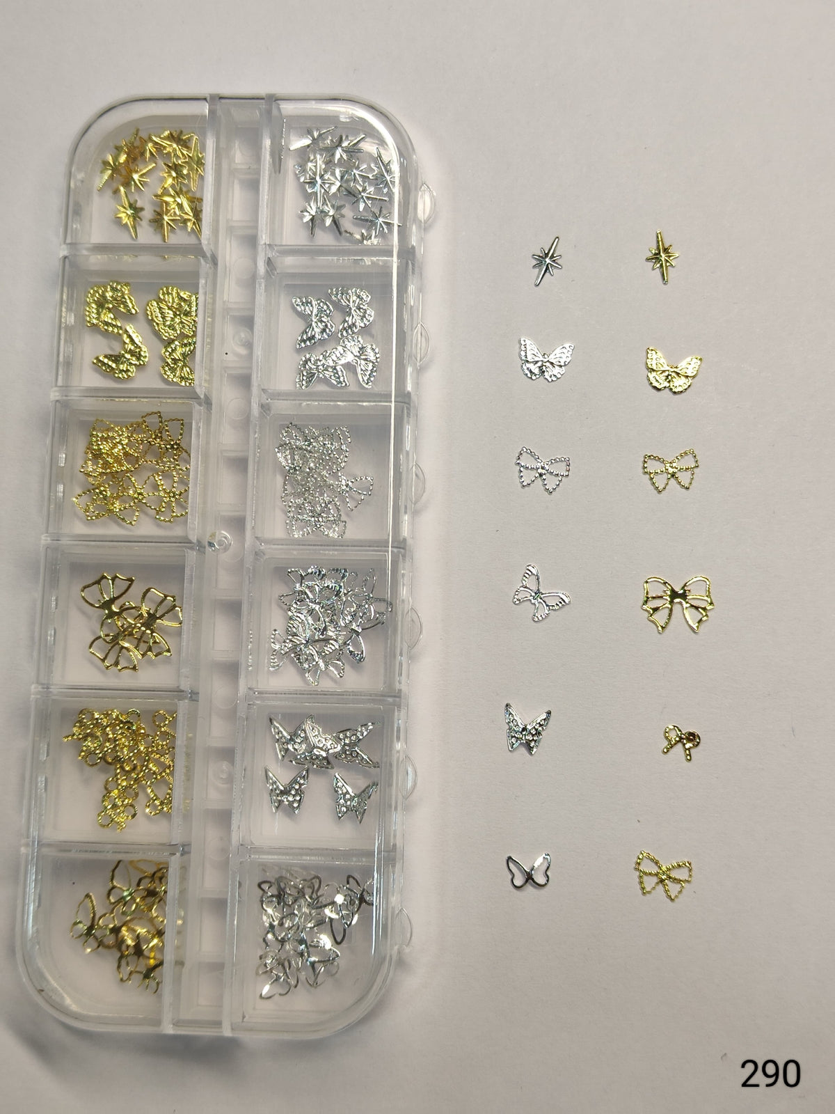 GV639 Gold & Silver Nail Charms Set – Stars, Bows & Butterflies (Set 290 , Design May Vary)