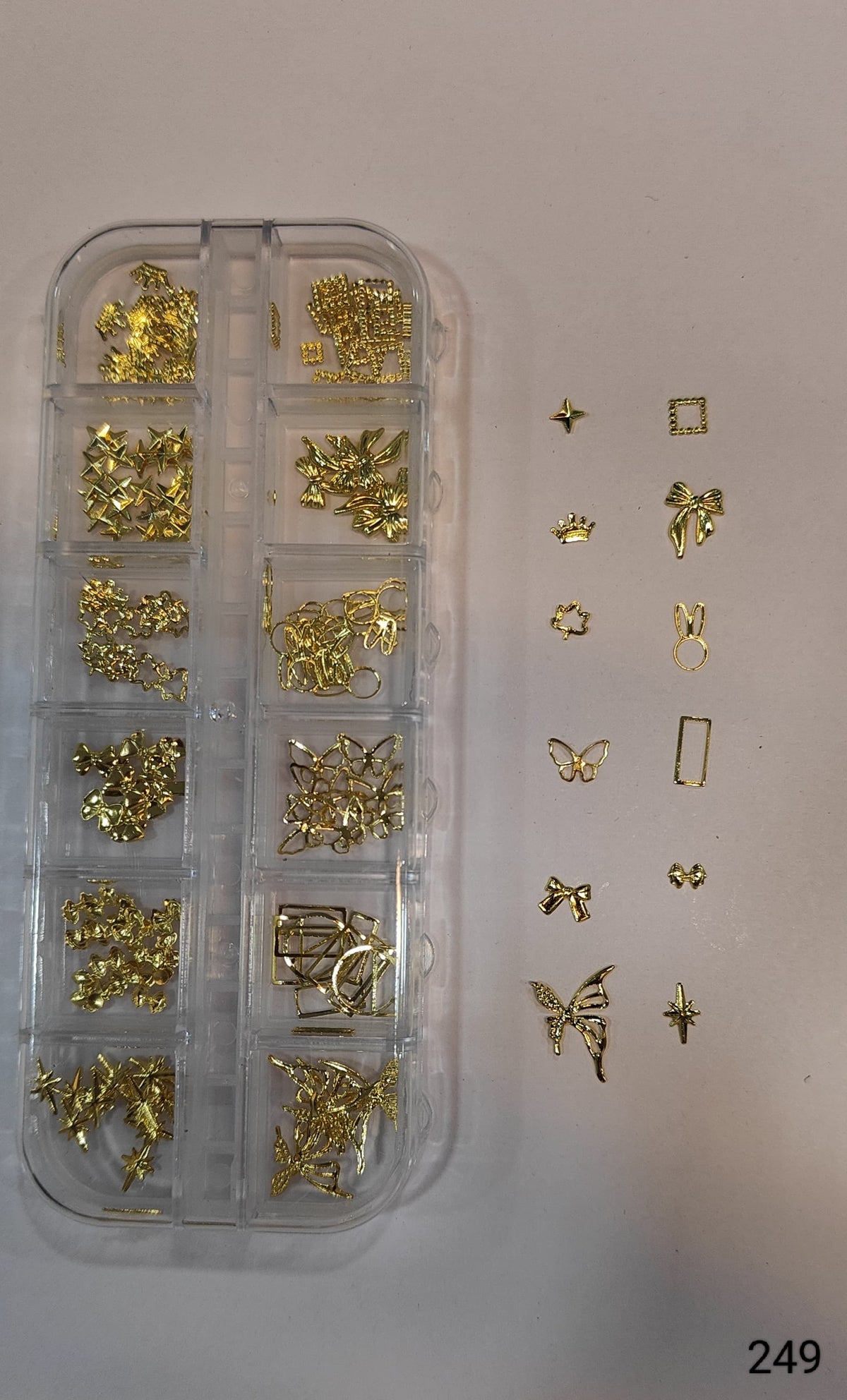GV647 Gold Nail Charms Set – Butterflies, Bows, Crowns, Bunny Ears & Stars (Set 249 , Design May Vary)