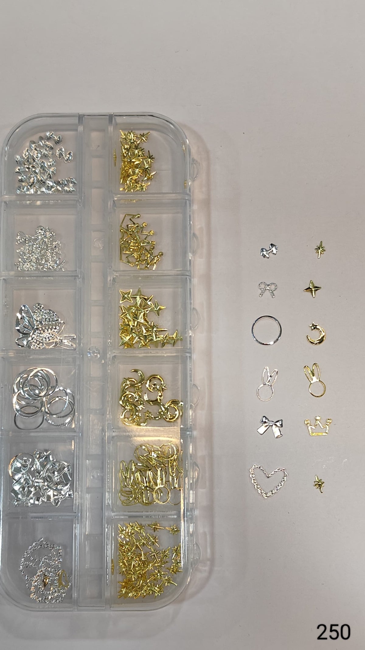 GV646 Gold & Silver Nail Charms Set – Stars, Moons, Crowns, Bows & Bunny Designs (Set 250 , Design May Vary)