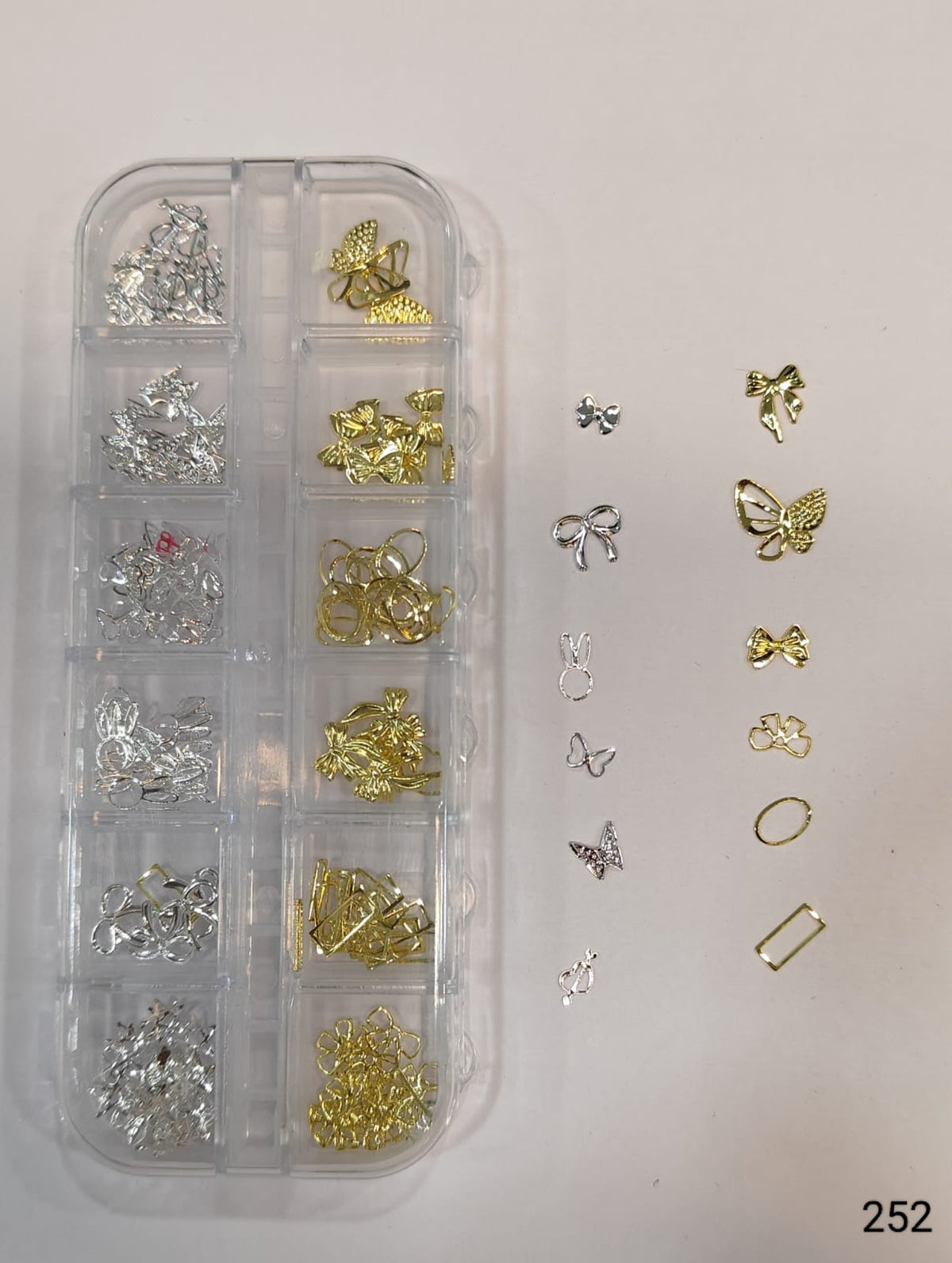 GV648 Silver & Gold Nail Charms Set – Bows, Butterflies, Bunny Ears & Frames (Set 252 , Design May Vary)
