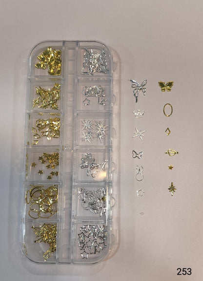 GV649 Silver & Gold Nail Charms Set – Stars, Crowns, Butterflies & Frames (253)