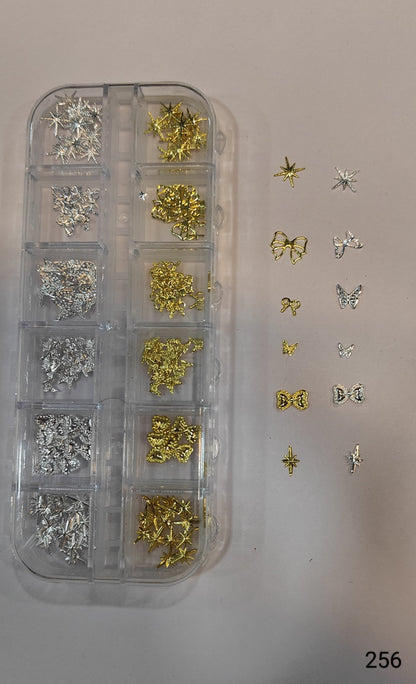 GV643 12 Grid Gold & Silver Nail Art Charms Set – 3D Metal Nail Decoration Box (256)