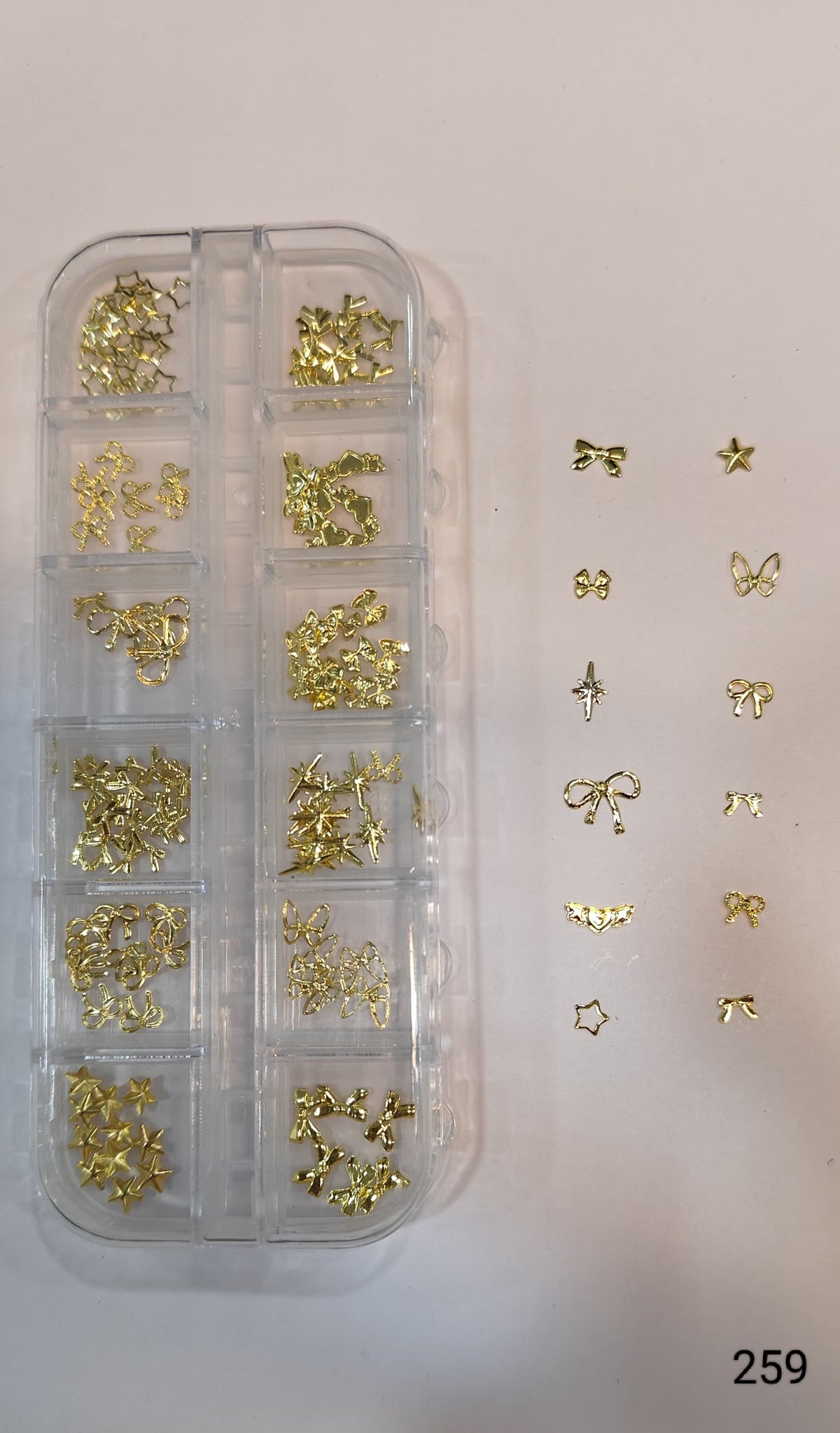 GV644 12 Grid Gold Metal Nail Charms Set – 3D Nail Art Decoration Box (Set 259 , Design May Vary)