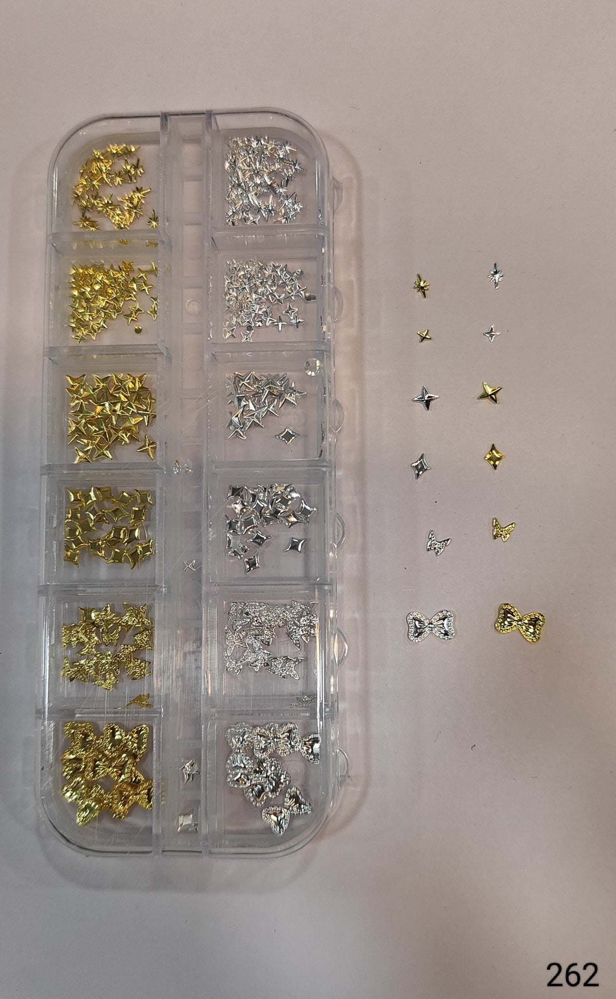 GV650 Silver & Gold Nail Charms Set – Stars, Bows, Butterflies & Geometric Mix (Set 262 , Design May Vary)