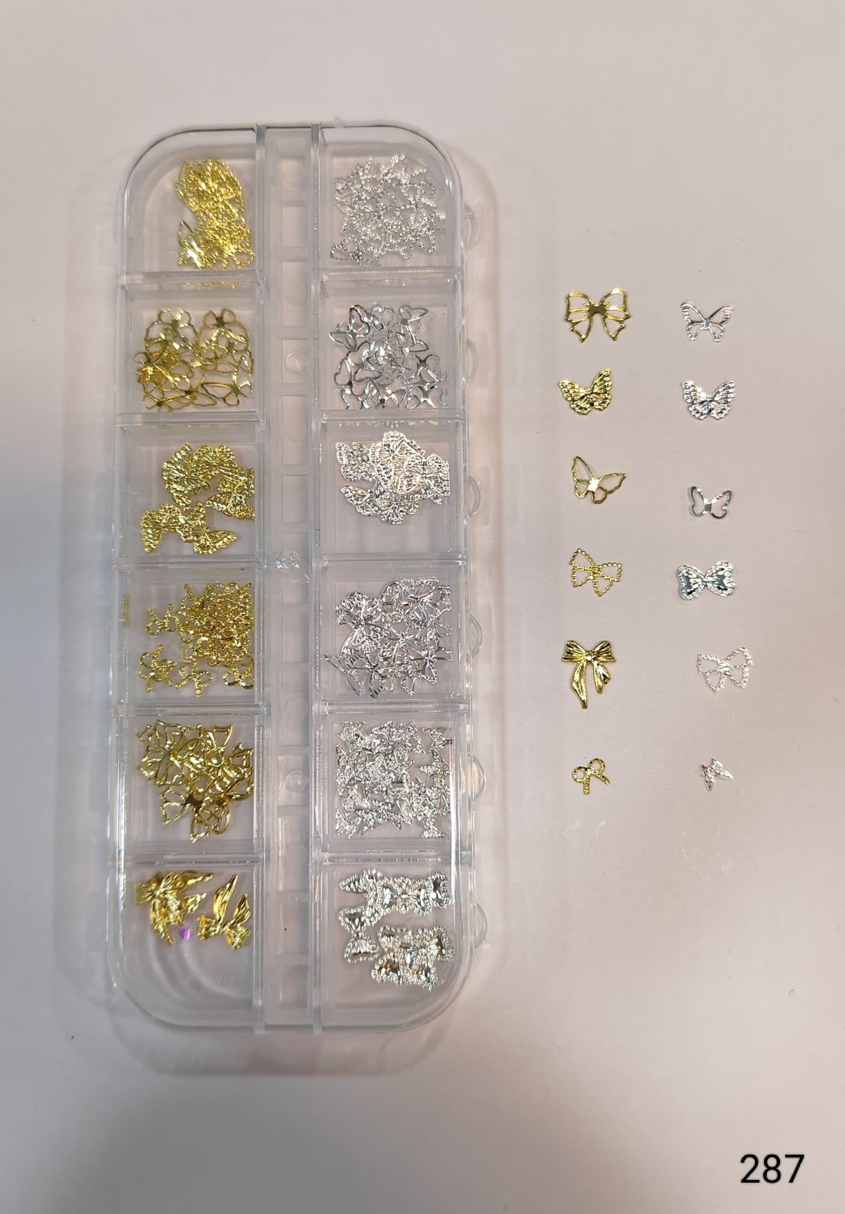GV653 12 Grid Gold & Silver Butterfly Bow Nail Charms Set – 3D Nail Art Decoration Box (Set 287 , Design May Vary)