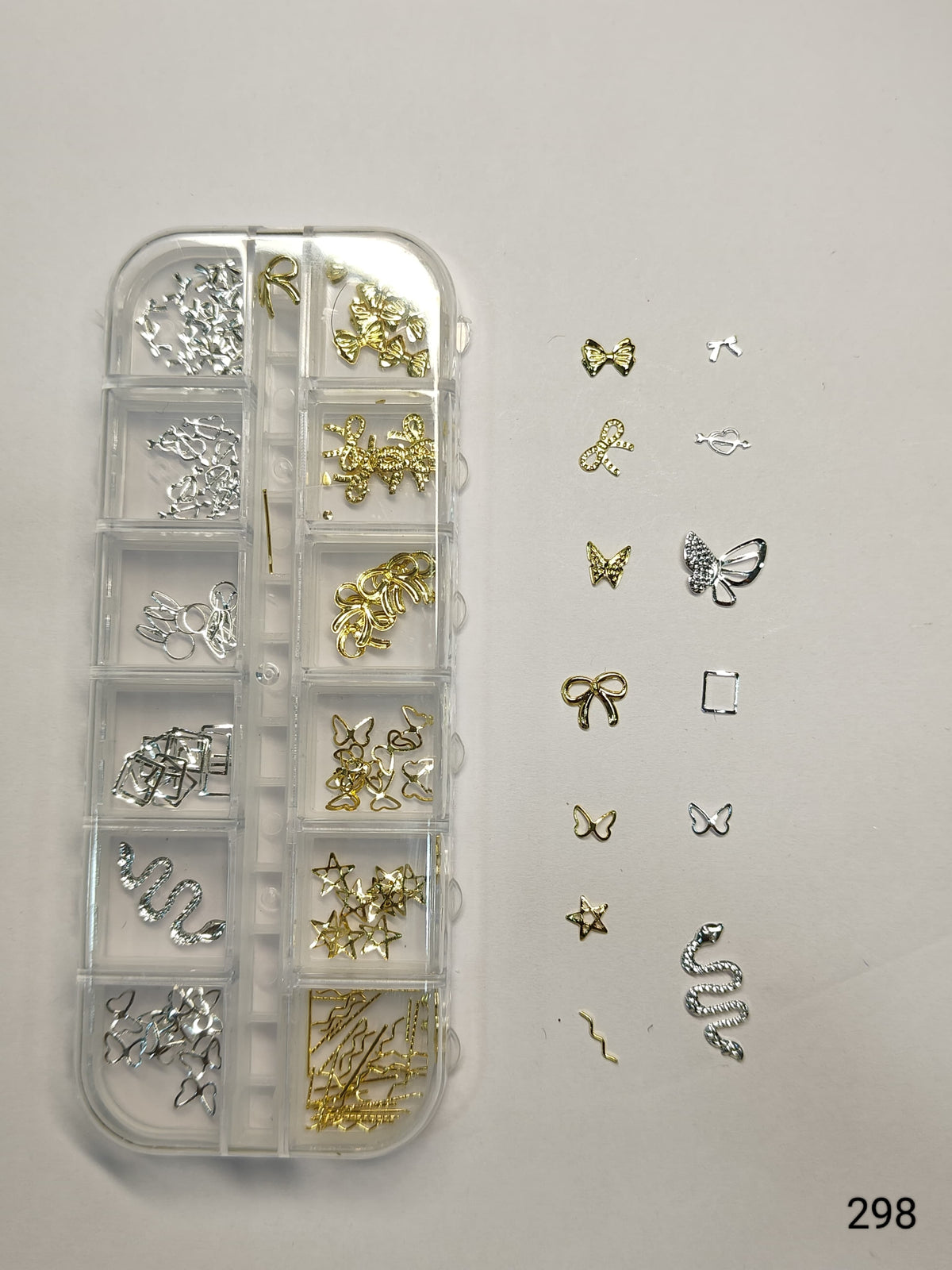 GV642 12 Grid Gold & Silver Nail Art Charms Set – 3D Metal Nail Decoration Box (Set 298 , Design May Vary)
