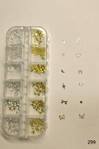 GV641  12 Grid Gold & Silver Nail Art Charms Set – 3D Metal Nail Decoration Box (Set 299 , Design May Vary)