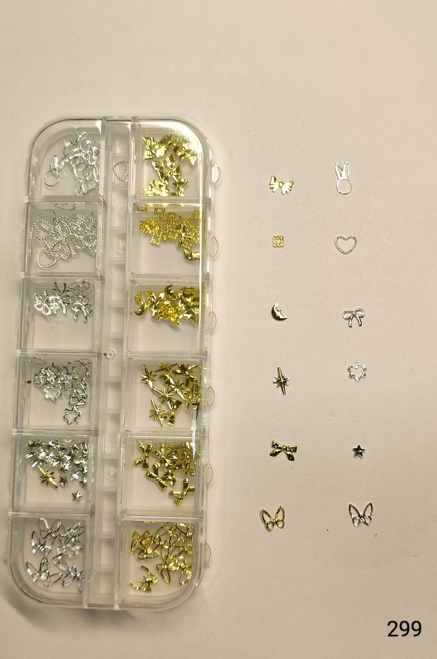 GV641  12 Grid Gold & Silver Nail Art Charms Set – 3D Metal Nail Decoration Box (299)