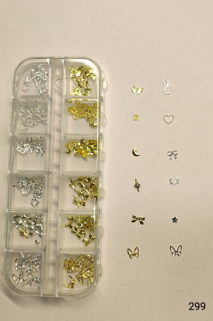 GV641  12 Grid Gold & Silver Nail Art Charms Set – 3D Metal Nail Decoration Box (299)