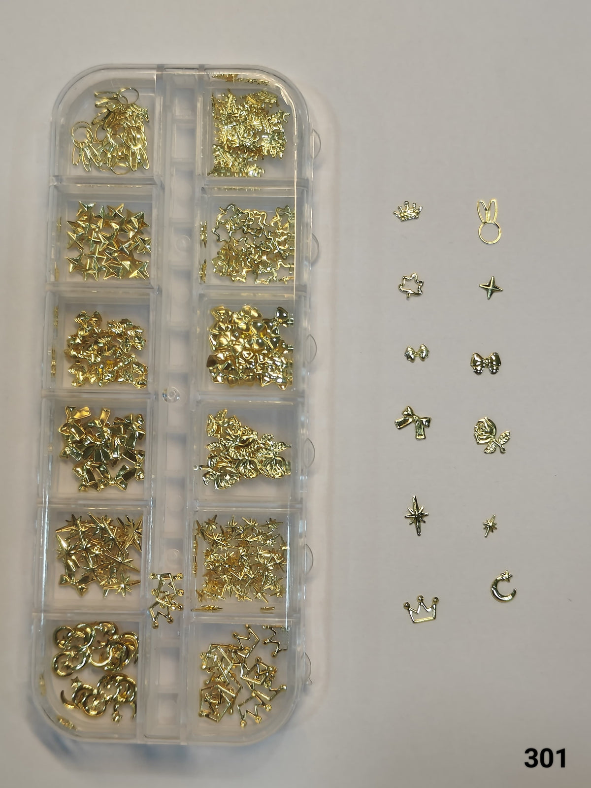 GV658 3D Gold Metallic Nail Art Decorations – Mixed Shapes Box (Set 301 , Design May Vary)