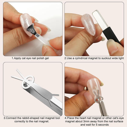 GV891 THR3E STROKES Cat Eye Magnet Tool,Bunny Magnet for Nails,4-PC Bunny-Shaped Nail Magnet Guide for Cat Eye Nail Art Salon or Home (BUNNY MAGNET)