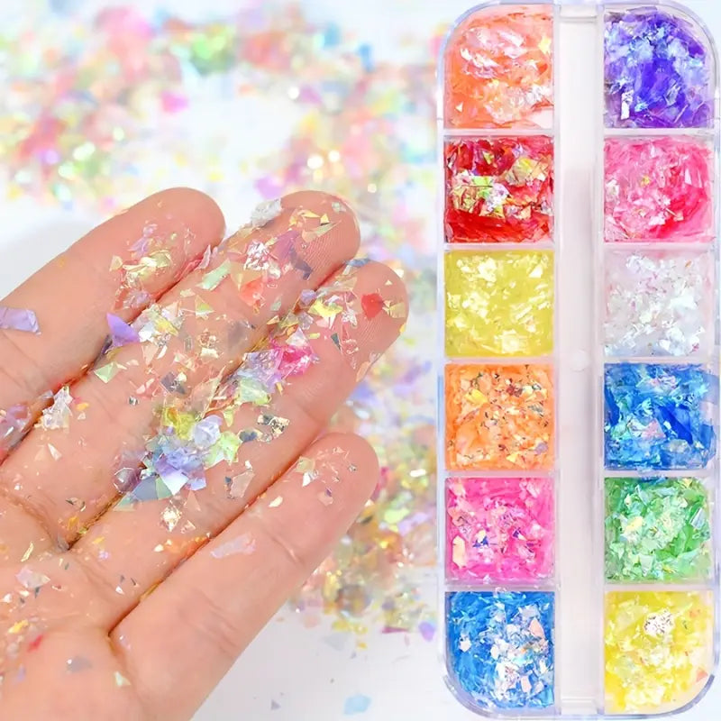 GV752 12 Grids Colorful Sparkling Sequin Nail Art Decoration Set – Aurora Thin Slice Nail Charms for Summer DIY Manicure & Pedicure