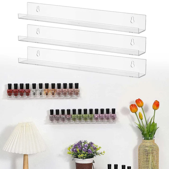 GV1189 Clear Acrylic Wall Mount Nail Polish Organizer Racks – Floating Shelf Display Stand, Set of 4 Pcs