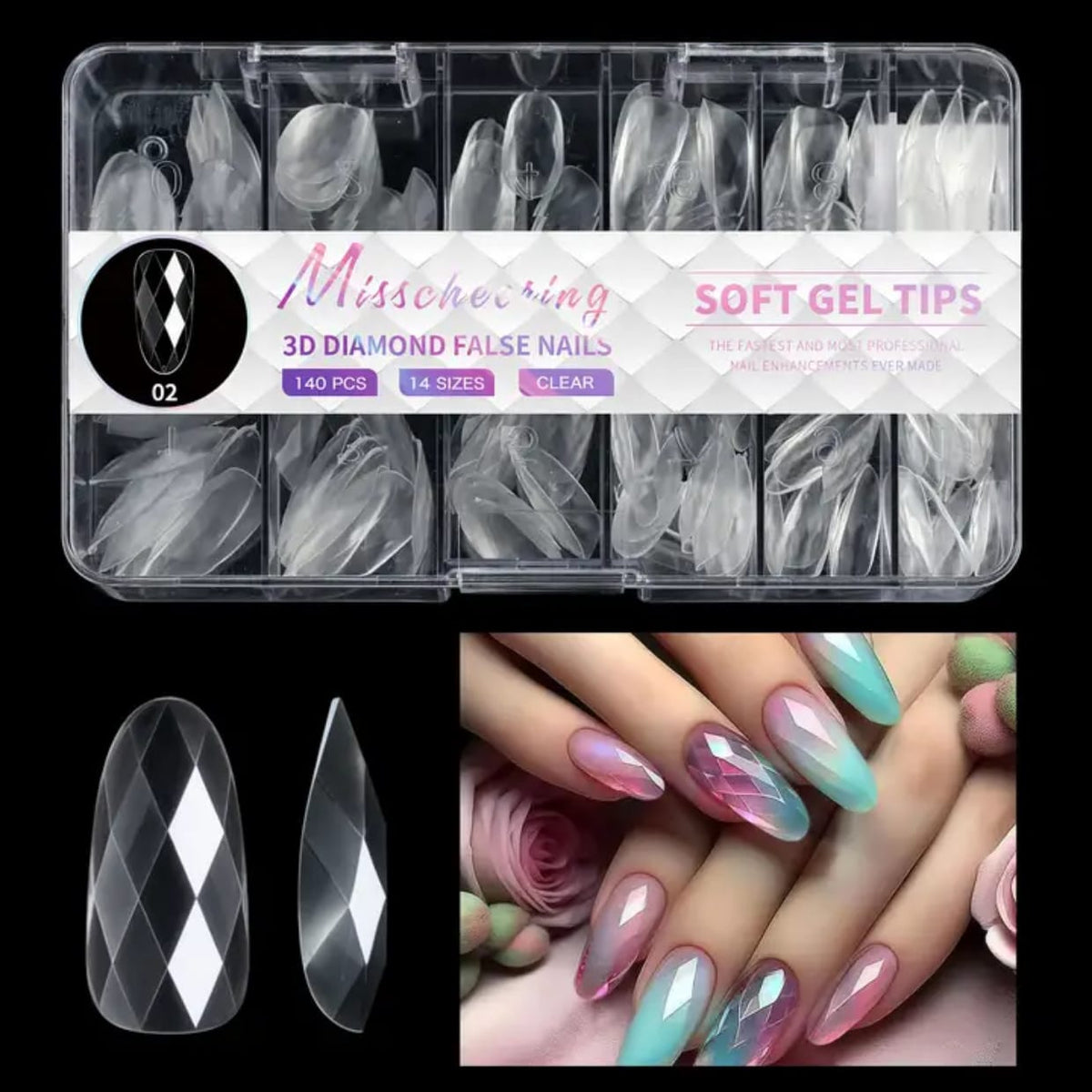 GV726 3D Diamond Shaped Polygel Nail, Extension Clear Full Cover False Nail Tips, Hybrid Gel Acrylic Nail