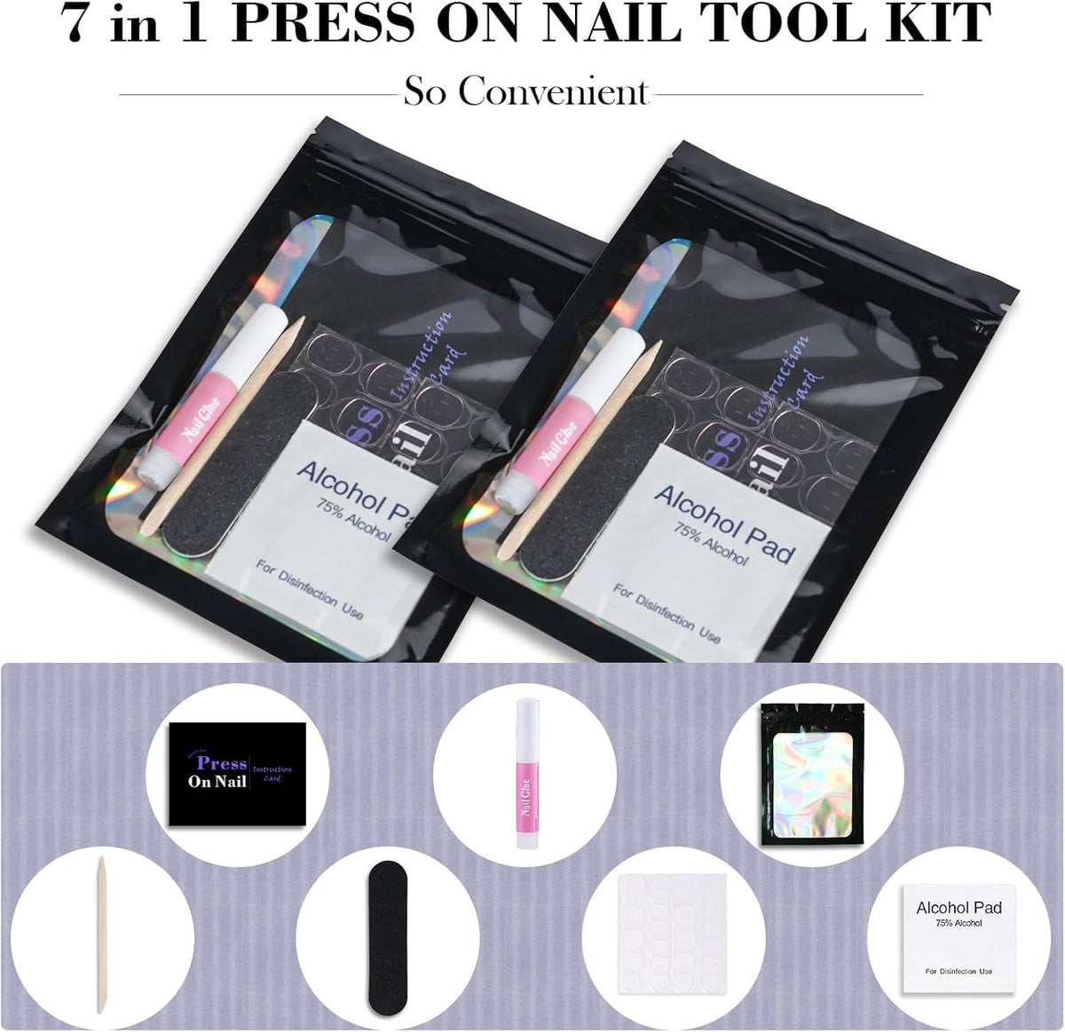 GV1003 INOG Disposable Nail Supplies Kits,Professional Manicure Press On Nail Tool Kit With Nail File,Adhesive Tabs,Nail Glue,Sticks, Prep Pads,Bags,Cards for Nail Business(Black-140pcs20set)