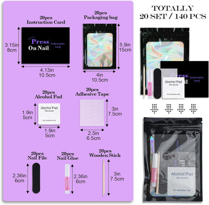 GV1003 INOG Disposable Nail Supplies Kits,Professional Manicure Press On Nail Tool Kit With Nail File,Adhesive Tabs,Nail Glue,Sticks, Prep Pads,Bags,Cards for Nail Business(Black-140pcs20set)