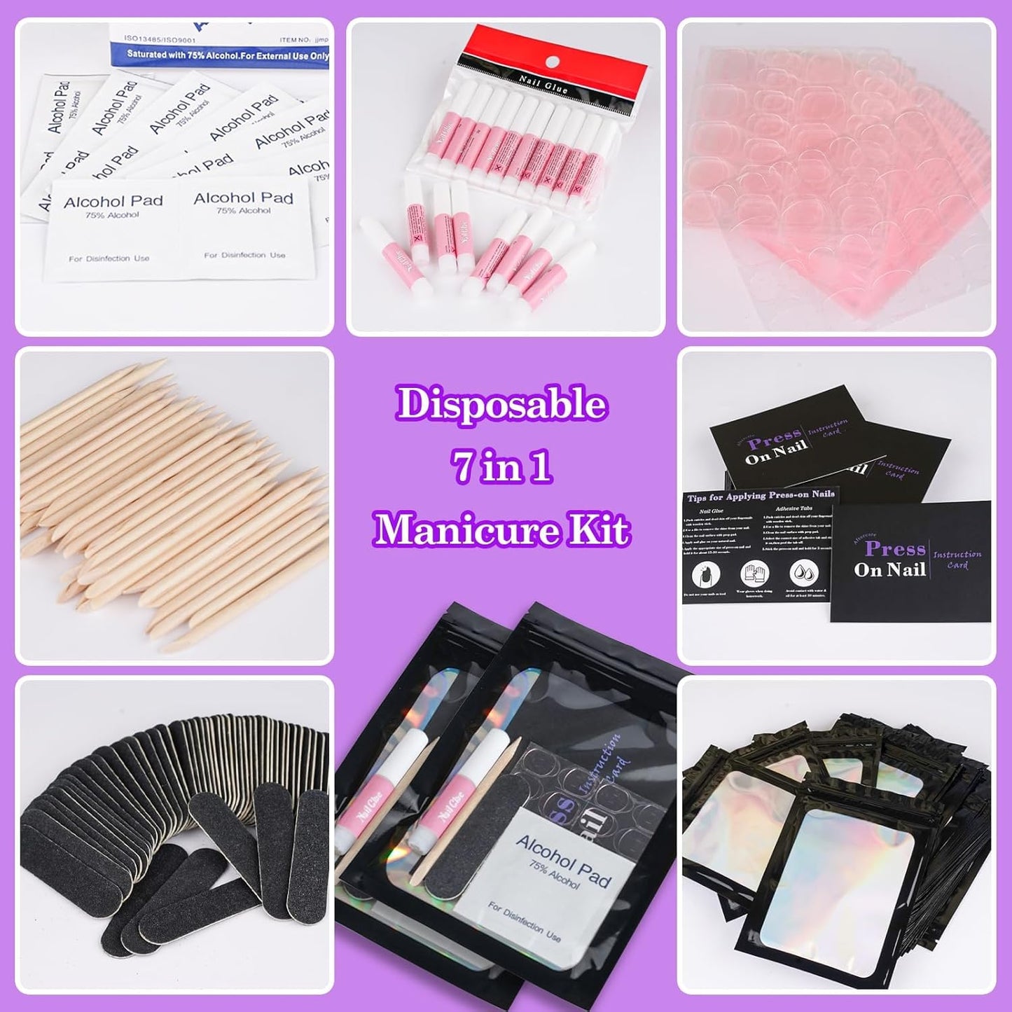 GV1003 INOG Disposable Nail Supplies Kits,Professional Manicure Press On Nail Tool Kit With Nail File,Adhesive Tabs,Nail Glue,Sticks, Prep Pads,Bags,Cards for Nail Business(Black-140pcs20set)