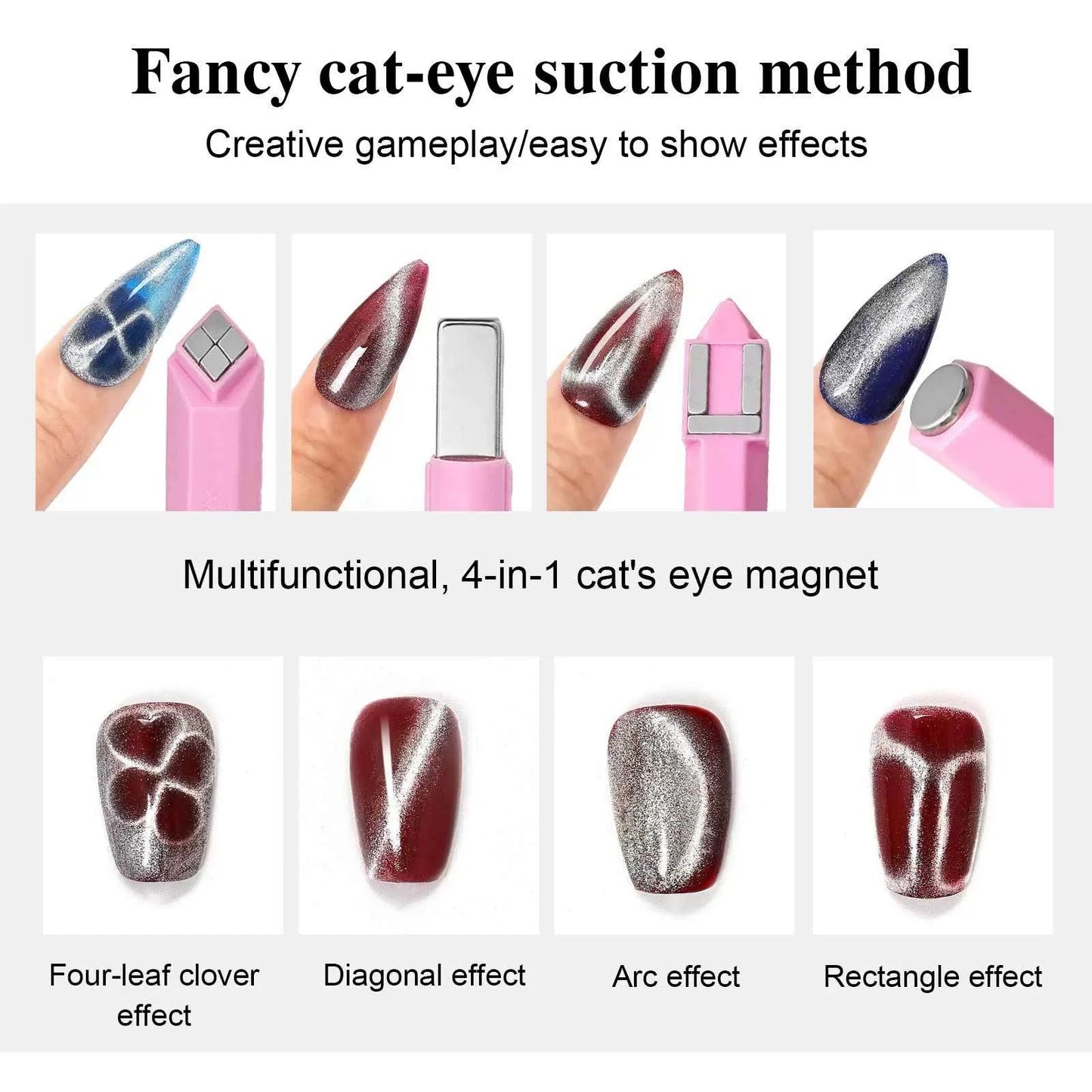 GV913 4 in 1 Dual-End Magnetic Cat Eye Nail Art Stick – Multi-Shape Magnet Pen Tool for 3D Cat Eye, Velvet & Galaxy Gel Effects (Pink/Green) Color may Vary