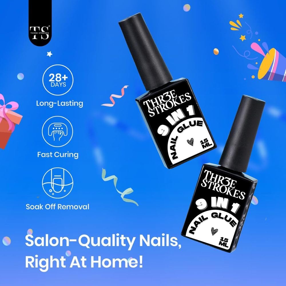 GV895 THR3E STROKES Gel Polish 9 In 1 Gel Nail Glue for Clear Acrylic Nail Tips 15ml Long Lasting Nail Kit for False Nails Tips, Base Blooming Nail, Christmas Nail Art, U V Light Required (THICK FORMULA)