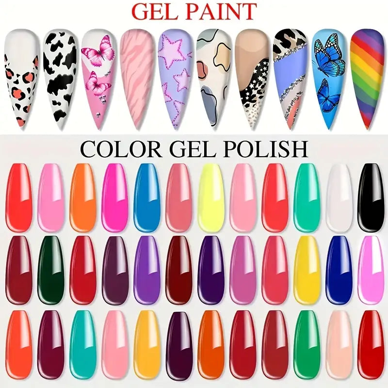 GV754 36 Colors Nail Art Gel Paint Kit – Professional Colored Nail Gel Set with 15pcs Painting Brushes for Manicure Design