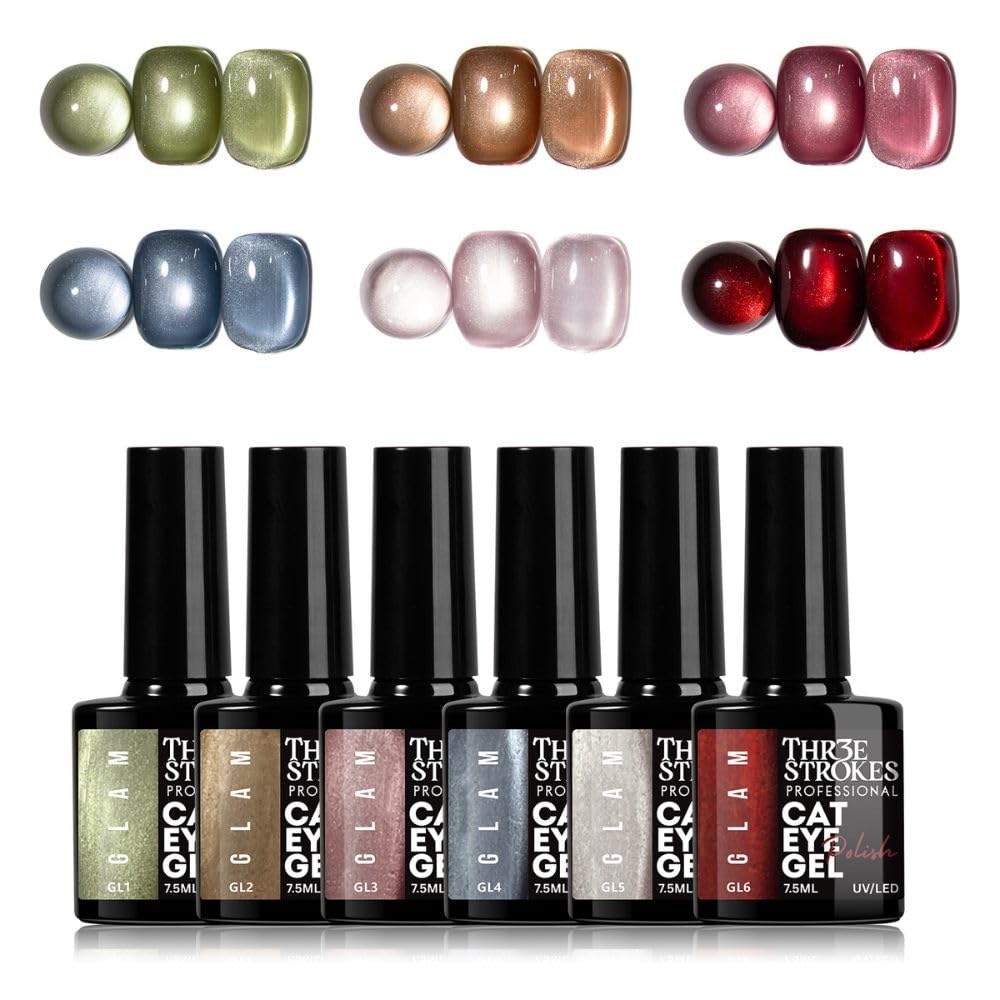 GV940 THR3E STROKES Glam Set - 6 Color Cat Eye Gel Polish Kit (7.5ml Each), 9D Magnetic Nail Polish Set for Galaxy & Velvet Effects, UV/LED Soak Off Sparkle Glitter Gel, Professional Nail Art Manicure Set (GLAM)